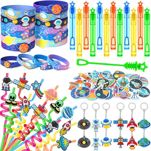 Mishopy 98 Outer Space Party Favors Galaxy Astronaut Birthday Supplies Straw Bubble Silicone Bracelet Keychain Sticker Boy Kid Girl Toy Gift Goodie Bags Stuffer Class Prize Space Themed Party Favors