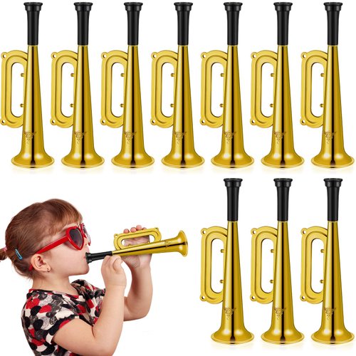 Poen 12 Pcs Toy Trumpet Kids Mini Metallic Trumpet Musical Instruments Plastic Trumpet Noise Makers for New Year Parties Kids Events Party Favors Music Class Stage Props 7 Inch(Gold)