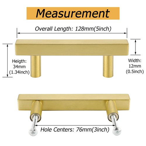 goldenwarm 5Pack Brushed Brass Drawer Pulls Gold Cabinet Pulls 3in Handles for Kitchen Cabinets - LS1212GD76 Kitchen Hardware Square Bar Pulls Cupboard Door Handles 5in Overall Length