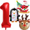 HADCKJA First Birthday Balloon Christmas Birthday Party Supplies Red Number 1 Reindeer Penguin Santa Claus Foil Balloon for Boy Girl Shower Decorations Birthday Party Decorations 4Pcs