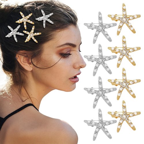8 Pcs Starfish Hair Clips Rhinestone Pearl Hair Barrettes Crystal Hair Pins Wedding Hair Pieces Sea Star Beach Mermaid Hair Accessories for Women Girls