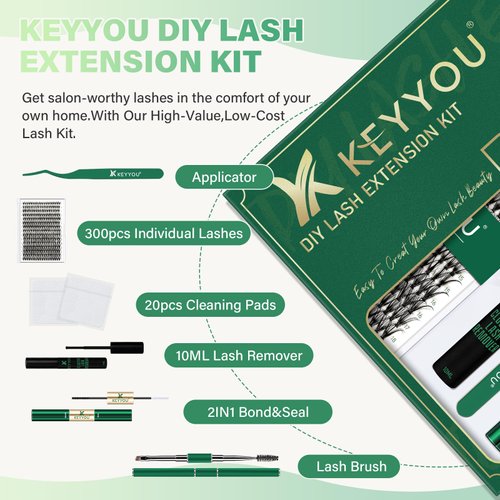 DIY Lash Extension Kit KEYYOU 300Pcs Individual Eyelash Extension Kit 30D 0.07D Curl 9-18MIX Lash Clusters Kit with Lash Glue Remover Applicator Easy to Use for Beginners(Kit-30D-0.07D,9-18MIX)