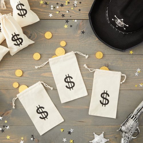 Juvale 12 Pack Dollar Sign Drawstring Gift Bags, Cowboy Pirate Theme Birthday Party Favor Canvas Pouches, 4.3 x 7 in