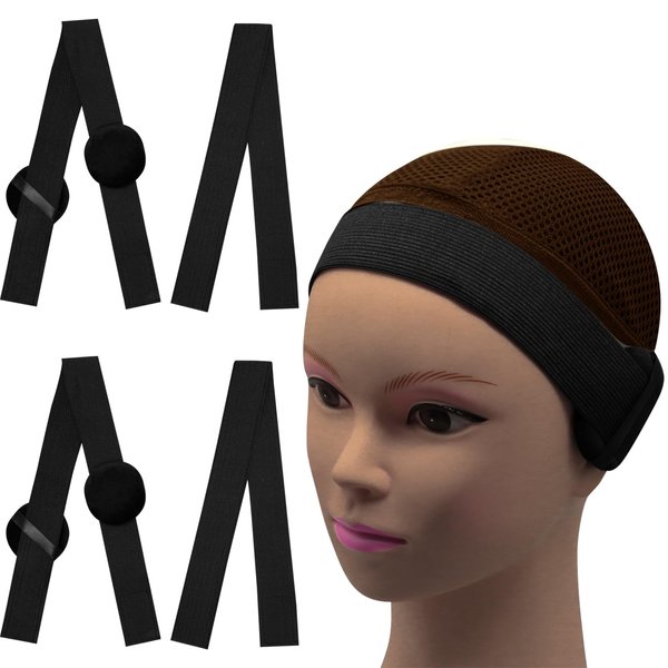 Elastic Wig Bands with Ear Muffs for Lace Front and Frontal Edge Control, Keeping Wigs in Place (Black, 4Pcs)