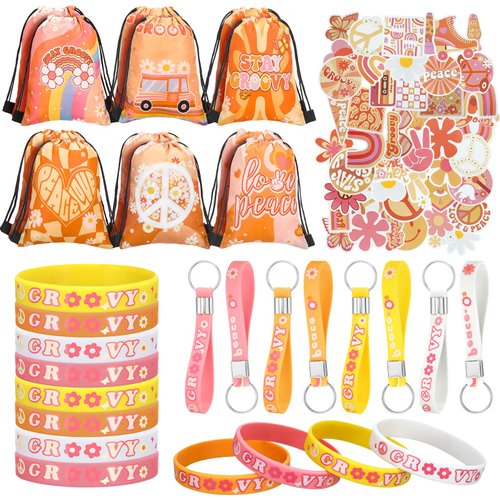Honoson 86 Pcs Groovy Party Favors Boho Party Favors Includes 50 Groovy Stickers 12 Hippie Keycha...