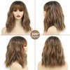 SEVENCOLORS Short Brown Bob Wigs with Bangs Medium Length Brown Mixed Blonde Wigs for Women Wave Curly Synthetic Hair Wigs with Highlights