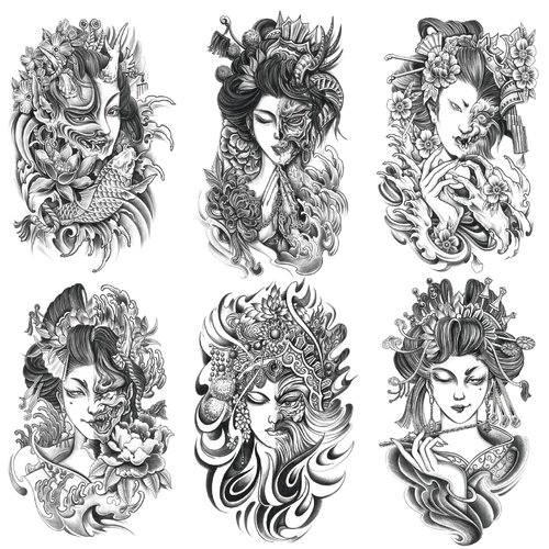 Oottati 6 Sheets Arm Waterproof Temporary Tattoos Geisha Women Half Devil Prajna Koi Carp Lotus Flower