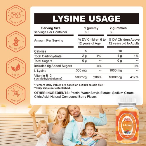 Well&Whole L-Lysine 1000mg Gummies - Vitamin B12 1000mcg - Essential Amino Acid Supplement for Gum, Lip Health* - L-Lysine Supplement for Kids and Adults - Vegan, Non GMO, Gluten-Free, 60 Counts