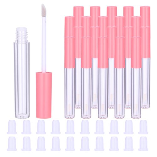 20Pcs Empty Lip Gloss Tubes Cute 1.3ml Pink Empty Lip Gloss Tubes with Wand Clear Refillable Lip Gloss Containers Empty DIY Lip Gloss Bottles with Rubber Stoppers