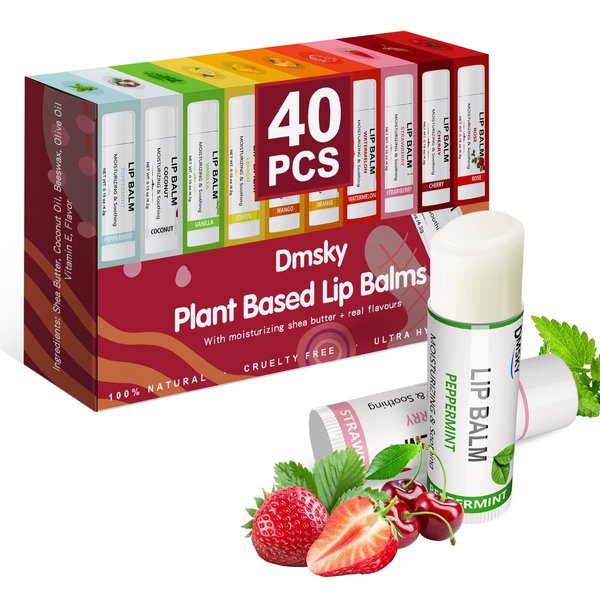 Dmsky Lip Balm Bulk, Fruit Lip Balm Variety Pack, Hydrating Lip Balm for Men Women Kids, 0.15 Oz, 40 count (Pack of 1)…