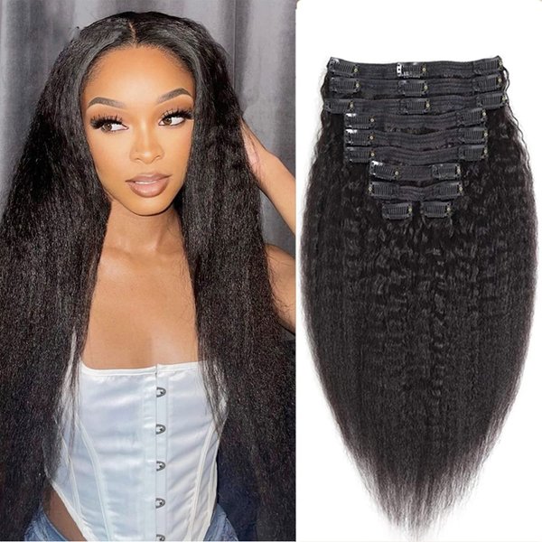 Seelaak 18 Inches 100% Human Hair Kinky Straight Clip in Hair Extensions Brazilian Remy Human Hair Kinky Straight Clip Ins for Black Women 1B# Natural Black Color 8pcs 130g/set