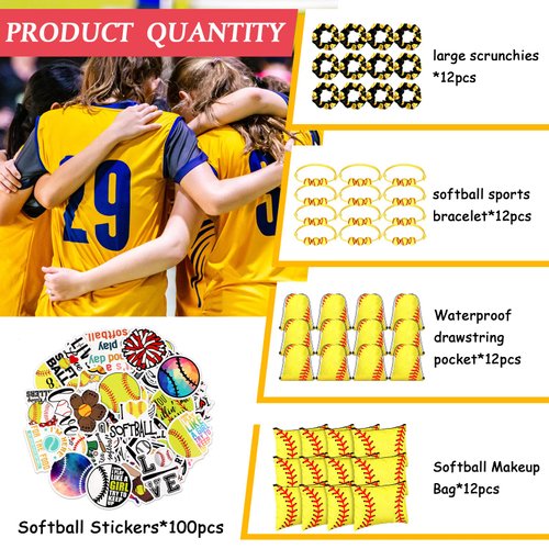 Tudomro 148 Pcs Softball Volleyball Gifts for Girls 12 Set Softball Volleyball Party Favors Include Drawstring Backpack, Cosmetic Bag, Scrunchies Hair, Bracelets, Stickers for Birthday(Softball)