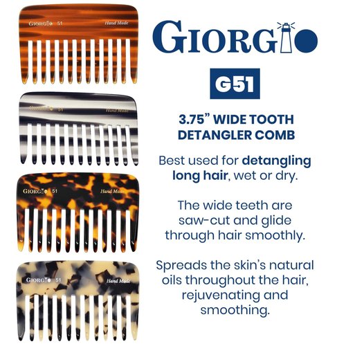 Giorgio G51 Graphite Small Travel Purse Hair Detangling Comb, Wide Teeth Pocket Comb for Thick Curly Wavy Hair. Hair Detangler Comb For Wet and Dry Everyday Care. Handmade of Cellulose, Saw-Cut Hand Polished