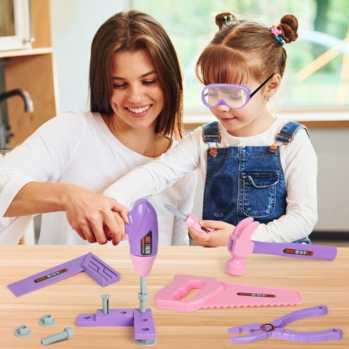 Kids Tool Set with Toy Drill, Toy Tool Box, Construction Tools, Pretend Play Toddler Girl Toys Gifts for Toddlers Kids Aged 3 4 5 6 7