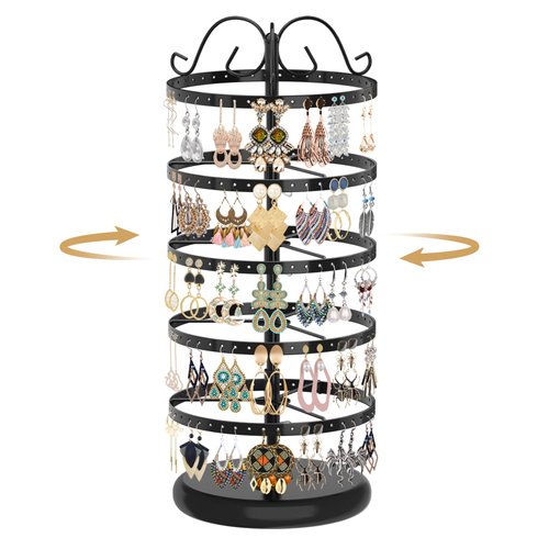 MODOWEY 5 Tiers Metal Rotating Earring Holder Organizer, Exquisite Jewelry Display Stand Necklace Rack Holder, 220 Holes for Stud Pierced Earrings Women Girls- 14x6.3 Inch (Black)