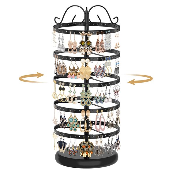 MODOWEY 5 Tiers Metal Rotating Earring Holder Organizer, Exquisite Jewelry Display Stand Necklace Rack Holder, 220 Holes for Stud Pierced Earrings Women Girls- 14x6.3 Inch (Black)