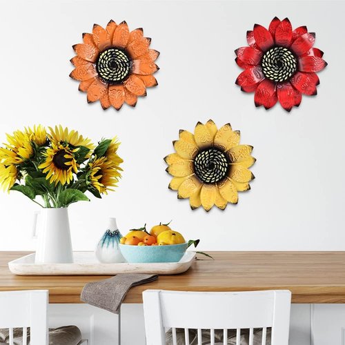 YEAHOME Sunflower Wall Decor - 9 inch Metal Flower Wall Art Decorations, Sunflower Yard Garden Decor Hanging for Kitchen, Bathroom, Bedroom, Set of 3 Handmade Gift for Home, Indoor or Outdoor