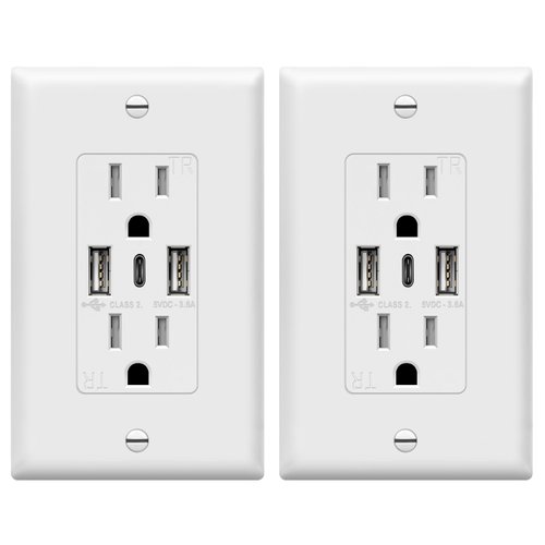 TOPGREENER USB Outlet, 3-Port Type C 3.6A 18W Wall Outlet, 15 Amp Receptacle, Charging Power Outlet with USB Ports, Compatible with iPhone 15 Series & More, UL Listed, TU21536AC3-2PCS, White, 2 Pack
