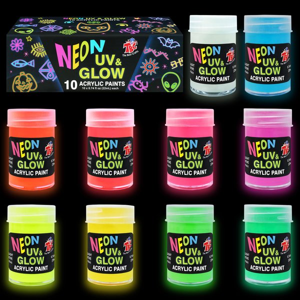 TBC The Best Crafts Glow in the Dark Paint, Set of 10 Colors, 22 ml / 0.74 oz,DIY Glow Party Supplies, Non-toxic, UV Acrylic Paint Suitable for DIY creation, graffiti, party, Christmas, Halloween