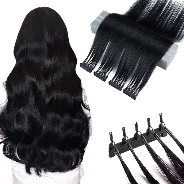 6D Hair Extensions Human Hair 20inch 6D No-Trace Hair Extension 100% Real Human Hair 1 Rows of 5 Bundles 6D Human Hair for Women Girls(2nd Generation)