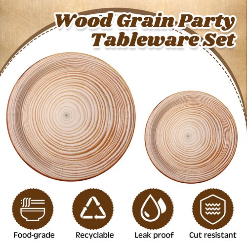 Mumufy 100 Pack Light Wood Grain Paper Plates Wooden Slice Dinner Plates and Camp Fire Dessert Plates Farmhouse Woodland Party Plates for Lumberjack Party Supplies