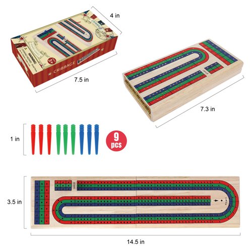 GOTHINK Folding Cribbage Board Game Set, Classic Wooden Cribbage Boards Game for Family Fun, 9 Multi-Colored Pegs, 3 Tracks, Red Green Blue Pegs for 2-3 Players
