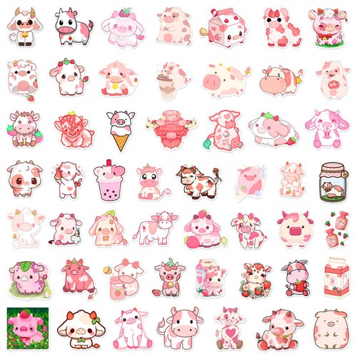 50 PCS Cute Cow Pig Stickers, Kawaill Rainbow Cattle Waterproof Vinyl Stickers for Water Bottles, Laptop, Scrapbook, Cow and Pig Aesthetic Stickers Bulk, Party Supplies