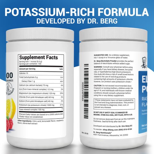 Dr. Berg Zero Sugar Hydration Keto Electrolyte Powder - Enhanced w/ 1000 mg of Potassium & Real Pink Himalayan Salt (NOT Table Salt) - Raspberry & Lemon Flavor Hydration Drink Supplement, 100 Servings