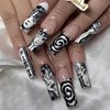 IMSOHOT Long Press on Nails Square French Fake Nails Glue on Nails Y2K Black Cartoon Graffiti False Nails Glossy Ballerina Full Cover Acrylic Nails 24pcs