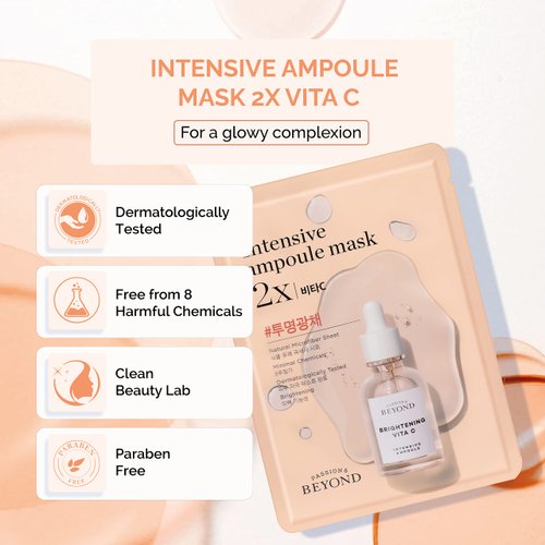 BEYOND Intensive Ampoule Mask 2X with Vitamin C and Niacinamide for and Sensitive Skin - Dermatologically Tested Hypoallergenic Facial Sheet Masks (25 ml/0.85 fl oz * 10 sheets)