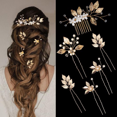 6 Pieces Wedding Pearl Hair Pins for Brides Bridal Hair Accessories Hair Pieces Gold Leaf Crystal Pearl Hair Clips Headpiece Vintage Flower Jewelry for Bridesmaids