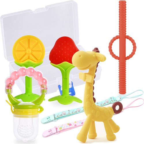 Baby Teething Toys, Alled Teethers for Newborn Infants Girls Boys, Teething Toy Silicone Freezer Safe,Freezable Teether with Baby Fruit Feeders/Hollow Teething Tubes/Holder Strap Clip/Storage Case