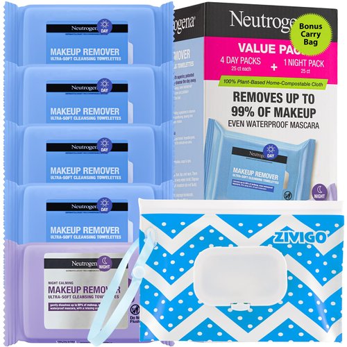 Makeup Remover Wipes, NeutrogeneDay & Night Calming Wipes Ultra-Soft Cleansing Facial Towelettes for Makeup, Alcohol-Free, Plant-Based, 125 Count (Pack of 5) With Travel Case, Great Gift Idea