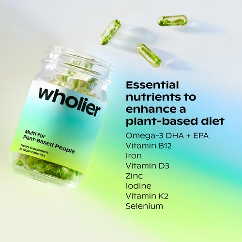 wholier Plant Based Multivitamin Vegan Omega-3 DHA EPA, Vitamin D, Vitamin B12, Zinc, Vitamin K2, Iron, Iodine, Selenium. 60 Count (30-Day Supply) Glass Bottle