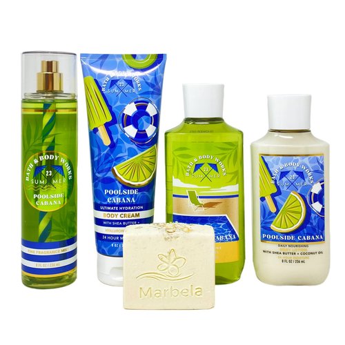 Bath & Body Works Poolside Cabana Deluxe Bundle - Fragrance Mist - Body Cream - Shower Gel - Body Lotion - with a Natural Oats Bar Soap