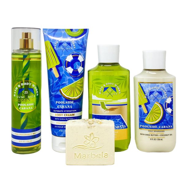 Bath & Body Works Poolside Cabana Deluxe Bundle - Fragrance Mist - Body Cream - Shower Gel - Body Lotion - with a Natural Oats Bar Soap