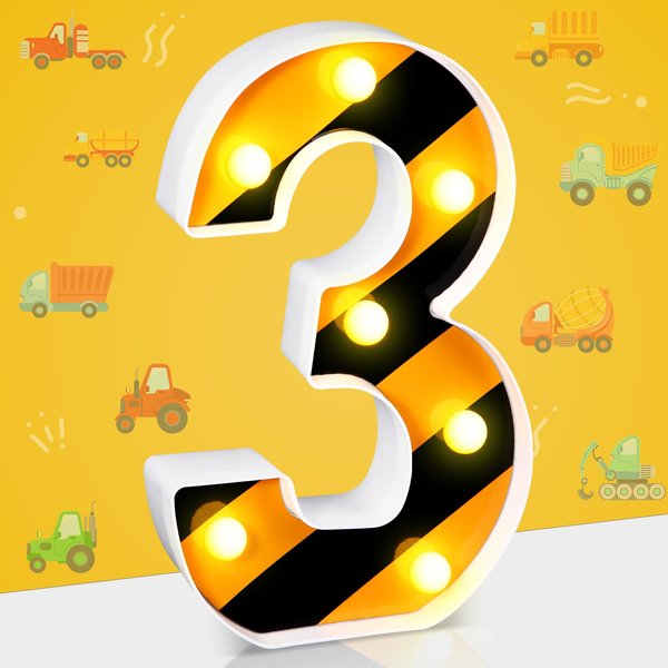 Aurelema Construction Birthday Party Decorations, Construction LED Number Lights Decorative LED Light up Number Kids Boy Man Construction Party Centerpiece Dump Truck Birthday Party Supplies(3)