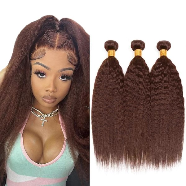 26 28 30 Inch Brown Kinky Straight Bundles Color#4 Human Hair Bundles Brazilian Brown Yaki Straight Virgin Human Hair 3 Bundles Double Weft Hair Extensions Light Brown Bundles For Women
