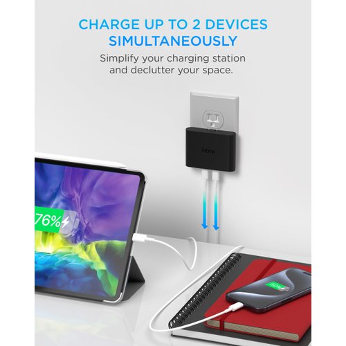 iHome Multiport 36W USB-C Charger : AC Pro 2-Port Flat USB C Charger Block, Double USB C Wall Charger, Fast Charging Compatible USB-C Wall Charger