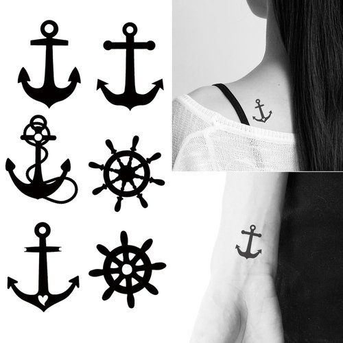 Oottati 2 Sheets Small Tiny Temporary Tattoo Stickers Black Rudder Anchor Totem