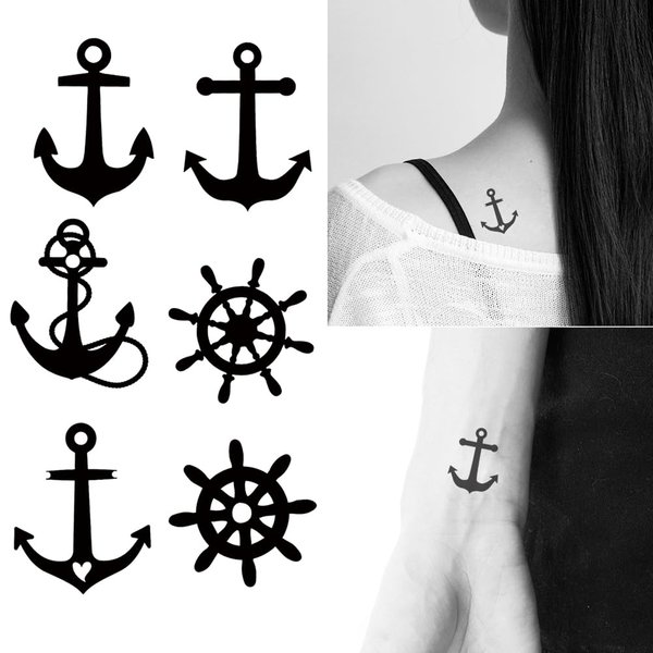 Oottati 2 Sheets Small Tiny Temporary Tattoo Stickers Black Rudder Anchor Totem