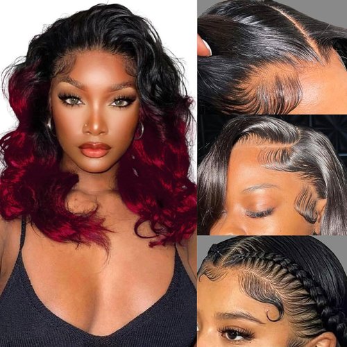 ManeMajesty 18 Inch Body Wave Lace Front Wigs Human Hair 180% Density Ocean Wave 13x4 HD Transparent Ombre Lace Frontal Wig Pre Plucked with Baby Hair 10A Glueless Wig for Women TT1B/BUG(Black Red)