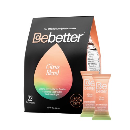 BeBetter Organic Electrolytes Powder Packets | Daily Electrolyte Drink Mix | Organic Coconut Water | No Artificial Flavors | Sugar Free Hydration Packets | non-GMO | 22 Hydration Sticks (Citrus Blend)