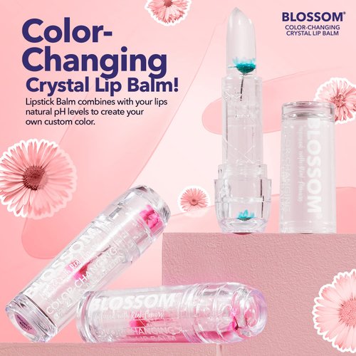 Blossom Moisturizing Custom Color Changing Crystal Lip Balm, Strawberry Scented, Lip Stain Tint, Infused with Real Flowers, 3g, Turquoise