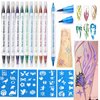 Temporary Tattoo Markers for Skin, 10 Body Markers Make Bold and Fine Lines, Cosmetic Quality + Tattoo Stencils for Kids and Adults, Dual-End Tattoo Pens for Body & Face Art, Halloween Makeup Kit