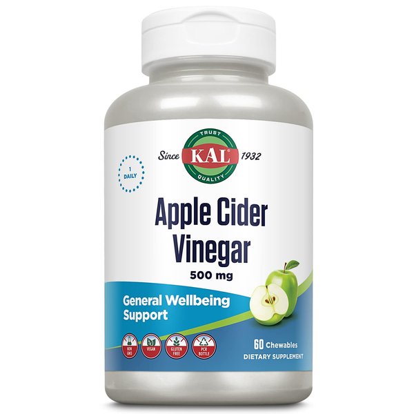 KAL Chewable Tablets, Apple Cider Vinegar, 500 mg, 60 Count