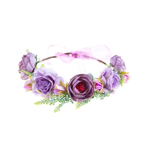 Lofruiin Women's Bohemian Simulated Rose Flower Wreath Adjustable Rose Flower Headband Seaside Party Floral Headpiece (A- Lavender)