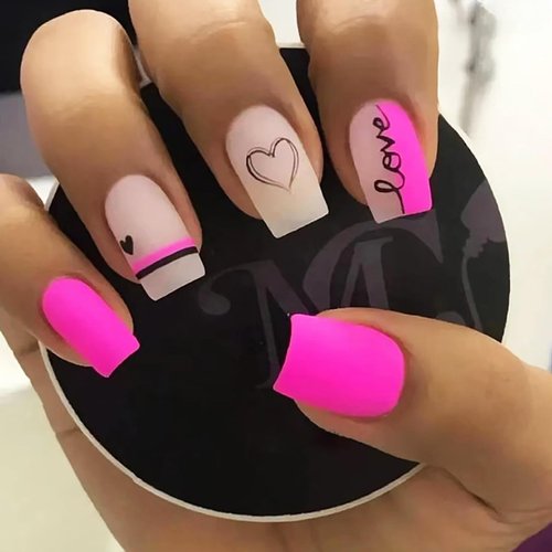 24Pcs Valentine’s Day Press on Nails Medium Square Fake Nails Hot Pink False Nails with LOVE & Heart Designs Glossy Acrylic Nails for Women and Girls Stick on Nails Valentines Nails Press ons