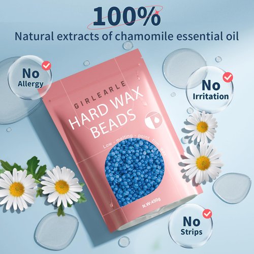 GIRLEARLE Hard Wax Beads, 1lb Wax Beans for Hair Removal, Hard Wax for Women Sensitive Skin at Home, Wax Refill Perfect for Brazilian Bikini, Eyebrow, Legs, Facial and Full Body with Chamomile Formula