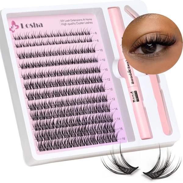 Losha Lash Extension Kit 144pcs Wispy Lash Clusters Kit 8-16mm Natural Cluster Eyelash Extensions with Lash Bond and Seal and Lash Tweezer C Curl DIY Lash Extensions Kit For Beginners (LD04 Flutter)
